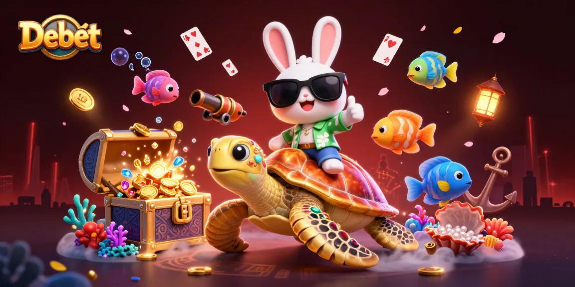 Experience vibrant gameplay at Debet with a lucky rabbit and a golden turtle amid rich casino elements.