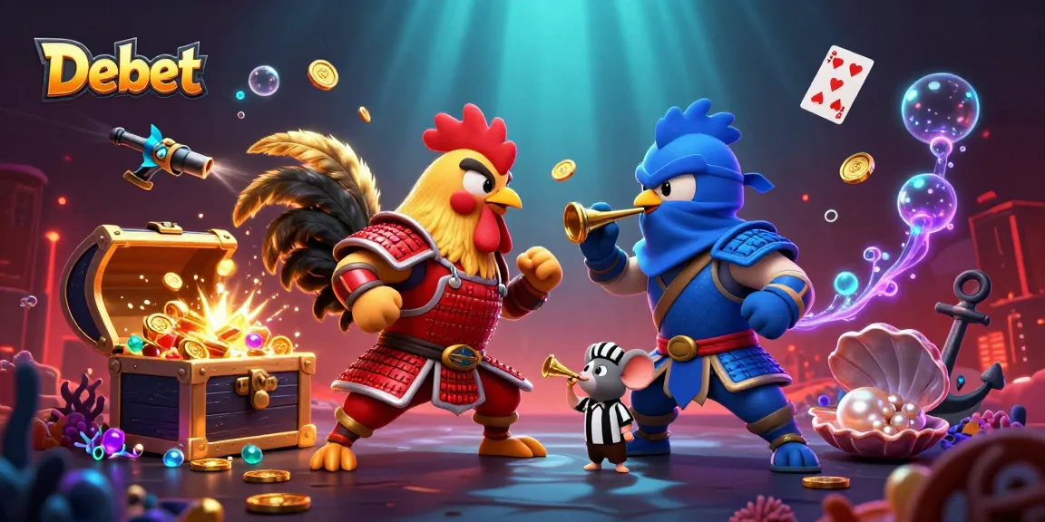 Debet betting scene featuring fighting roosters, golden treasures, and casino elements