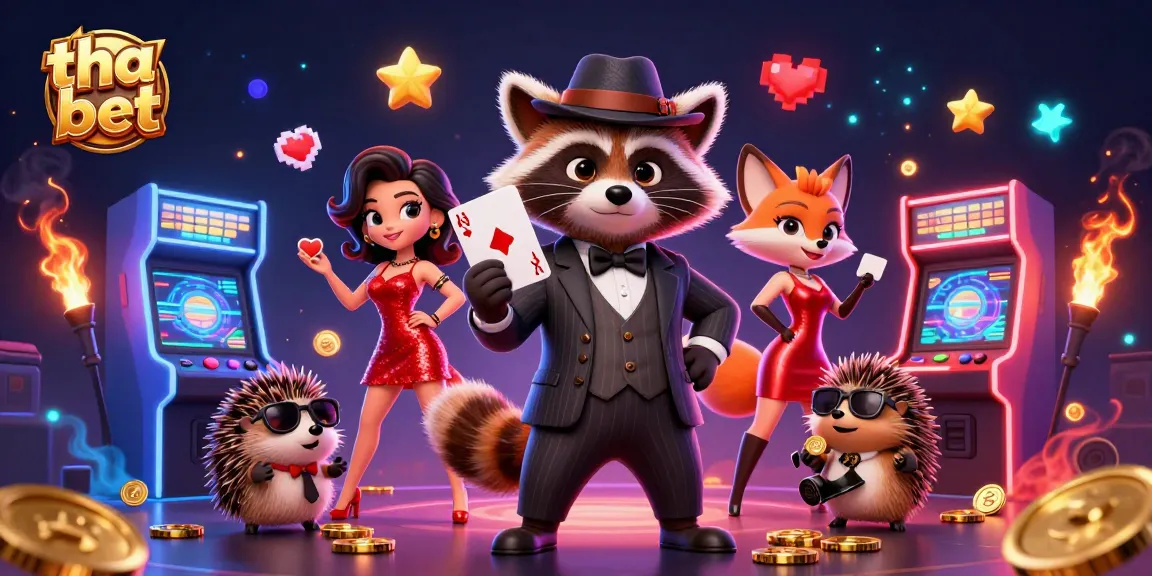 Engage with the thrilling world of tha bet as a raccoon, fox, and hedgehog celebrate winning at a vibrant casino.