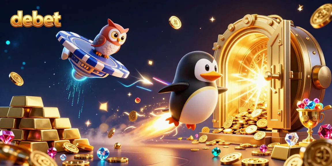 Experience the excitement of debet at a cosmic casino adventure with a golden penguin and sparkling treasures.