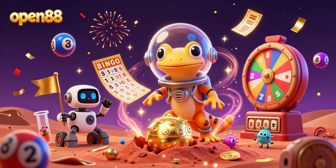 Experience the excitement of open88 with a vibrant Martian casino discovery scene featuring dynamic lottery elements.
