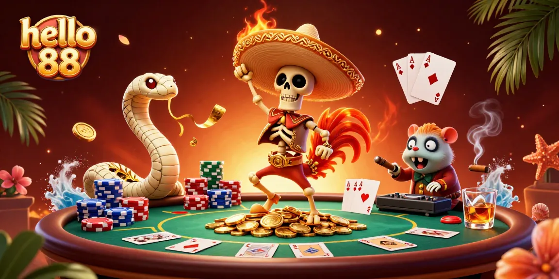Engage with hello 88 by witnessing a mariachi rooster in a vibrant casino celebration surrounded by poker elements.