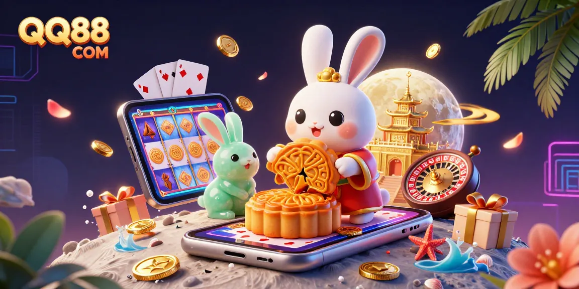 Celebrate wins at QQ88 COM with a vibrant 3D illustration showcasing poker chips and playful elements.