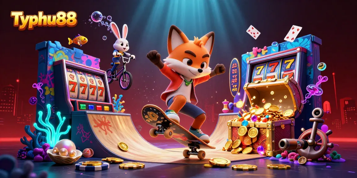 Experience the excitement of Typhu88 with a dynamic 3D illustration featuring gaming elements and vibrant characters.