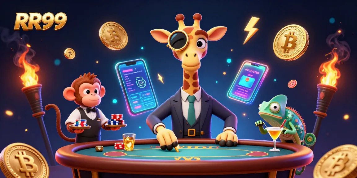 Experience thrilling gameplay at RR99 with a high-roller giraffe, monkey valet, and vibrant casino elements.