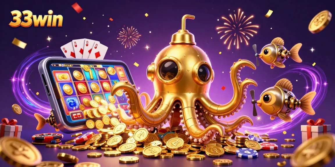 Engage with 33win's vibrant casino experience featuring a golden kraken submarine amidst slot games and riches.