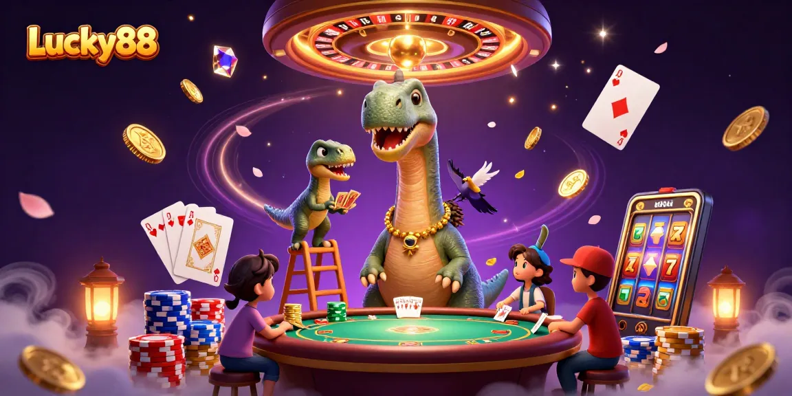 Experience the excitement of Lucky88 with a playful brontosaurus and clever raptor engaging in a dynamic casino scene.
