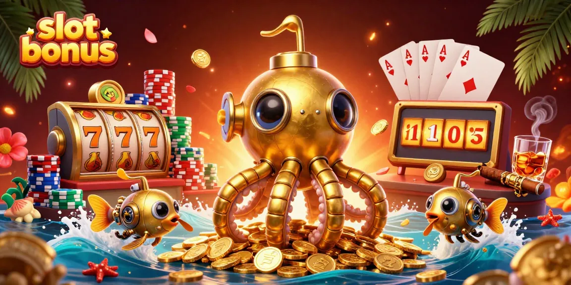 Win big with slot bonuses in vibrant, detailed 3D casino illustration featuring unique gaming elements.